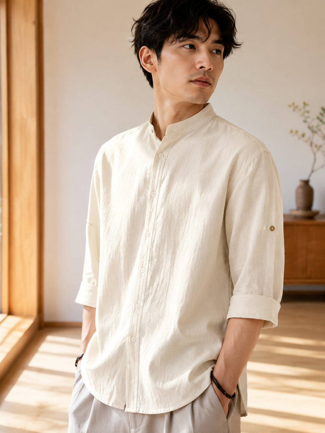 日本のシャツ レトロ 無地 リネンシャツ シンプルシャツ メンズ 万能 ゆったりシャツ カジュアル アメリカンシャツ 春新作シャツ