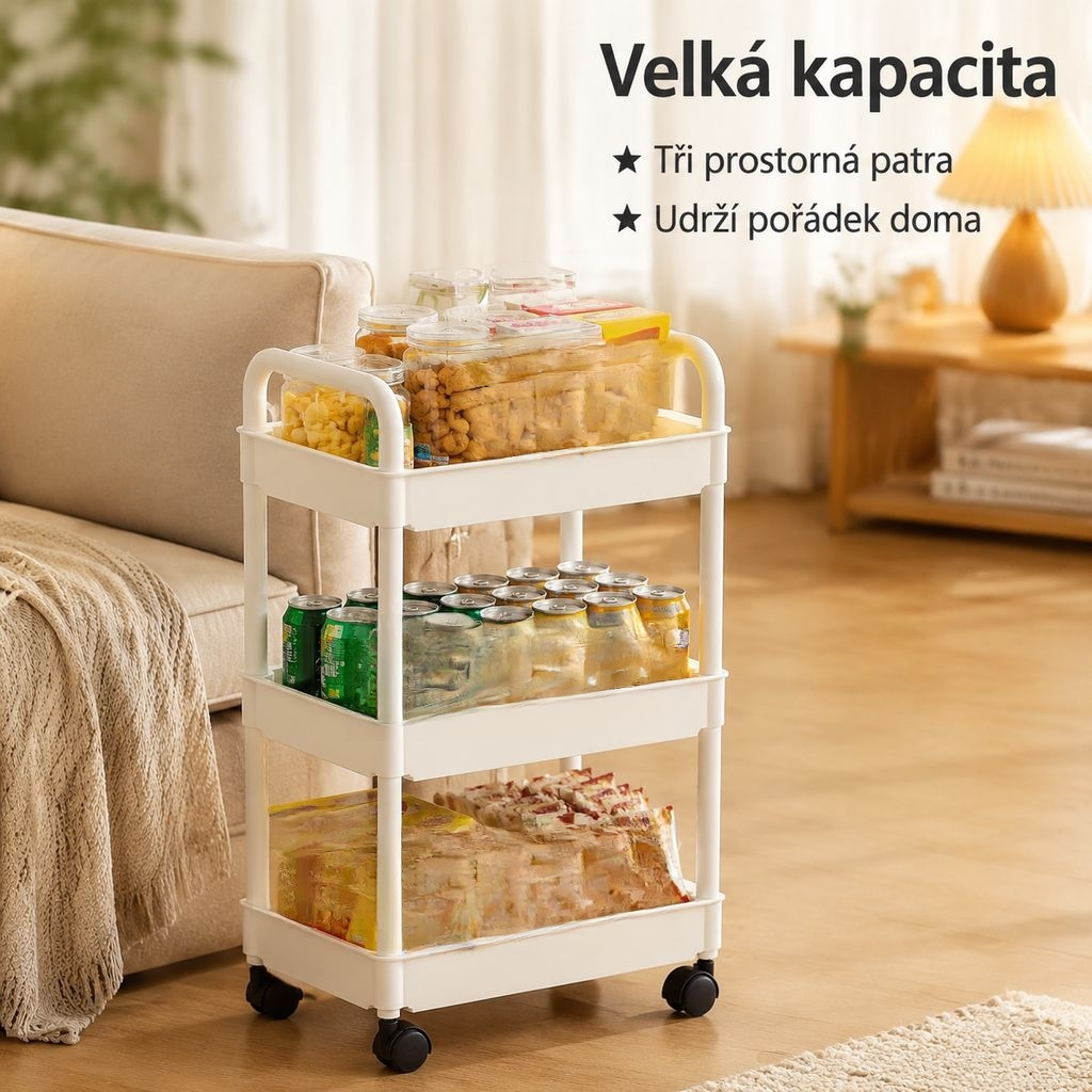 Přemístitelný vícevrstvý regál na úzké prostory v domácnosti