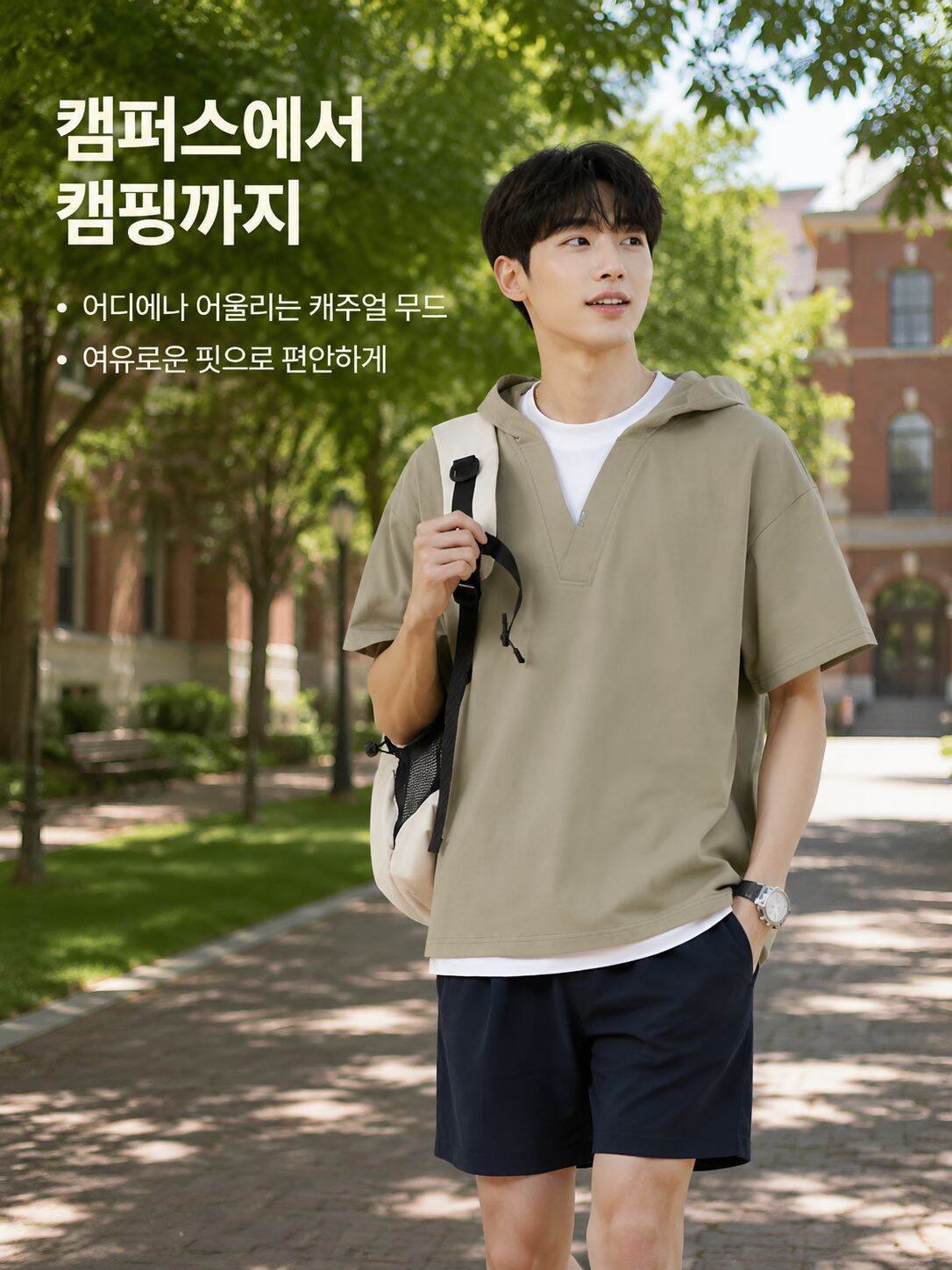 남성용 후드 반팔 V넥 반오픈 티셔츠