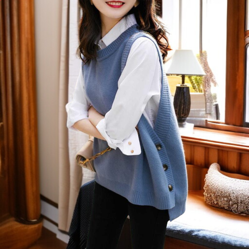 春/秋の新作ミスティブルーニットベスト、エレガントで若々しい、ラウンドネック、アーティスティックスタイル、カジュアルなレディース服。
