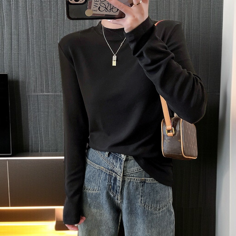 スリムパッケージバックソリッドカラートップス秋と冬の長袖Tシャツボトミングシャツの女性の内側に小さなスタンドアップカラーフィットトップス