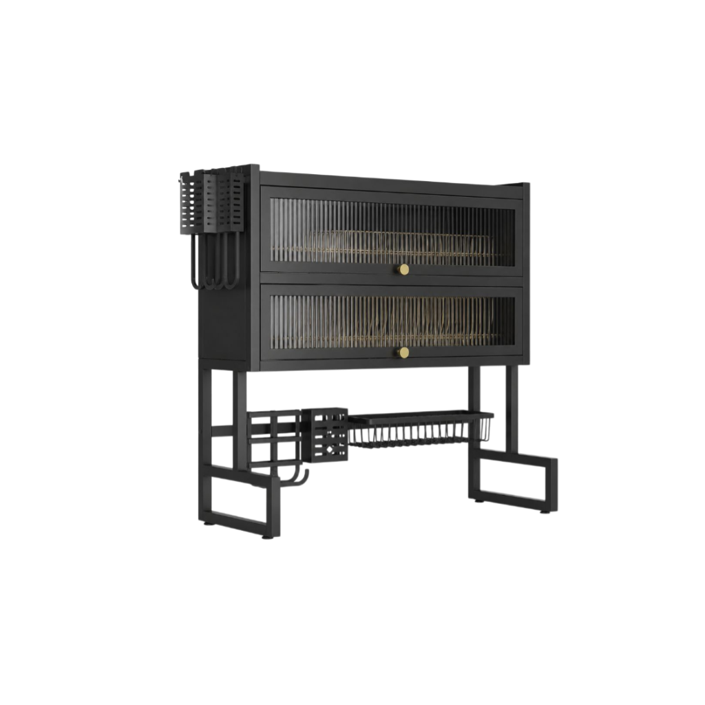 Double-Layer Dish Drainer Rack for Kitchen Sink Countertop, Dustproof Storage Cabinet with Doors