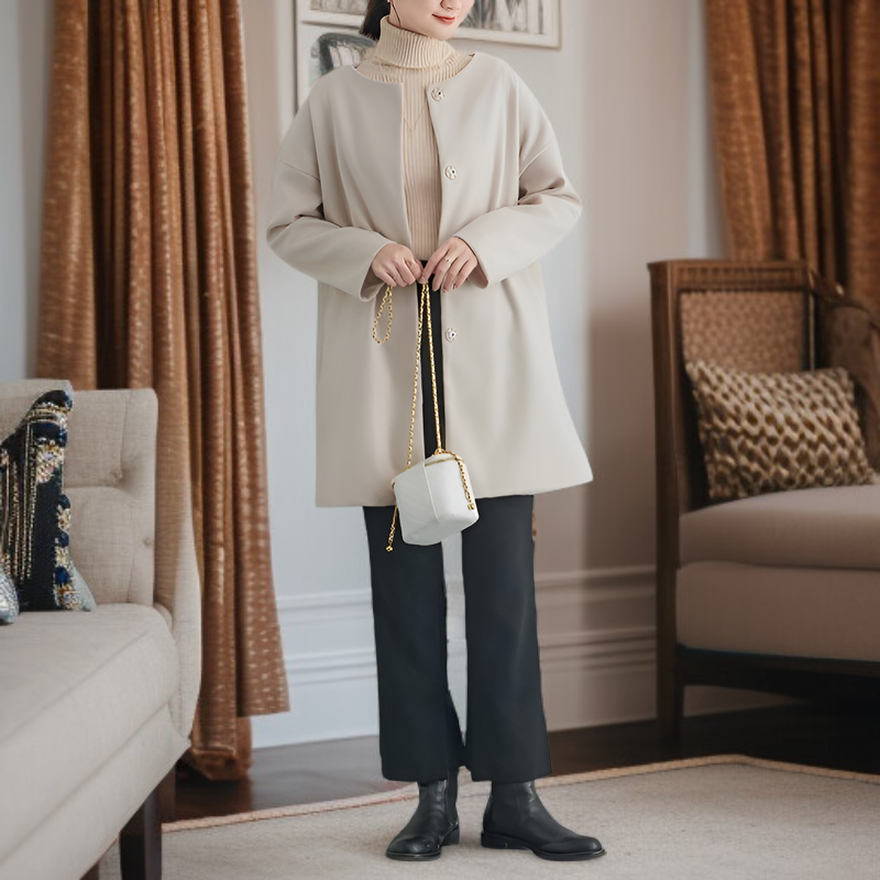 프리미엄 여성 가을 겨울 솔리드 코트 루즈핏 일자 상의 모직 코트 무드 코트