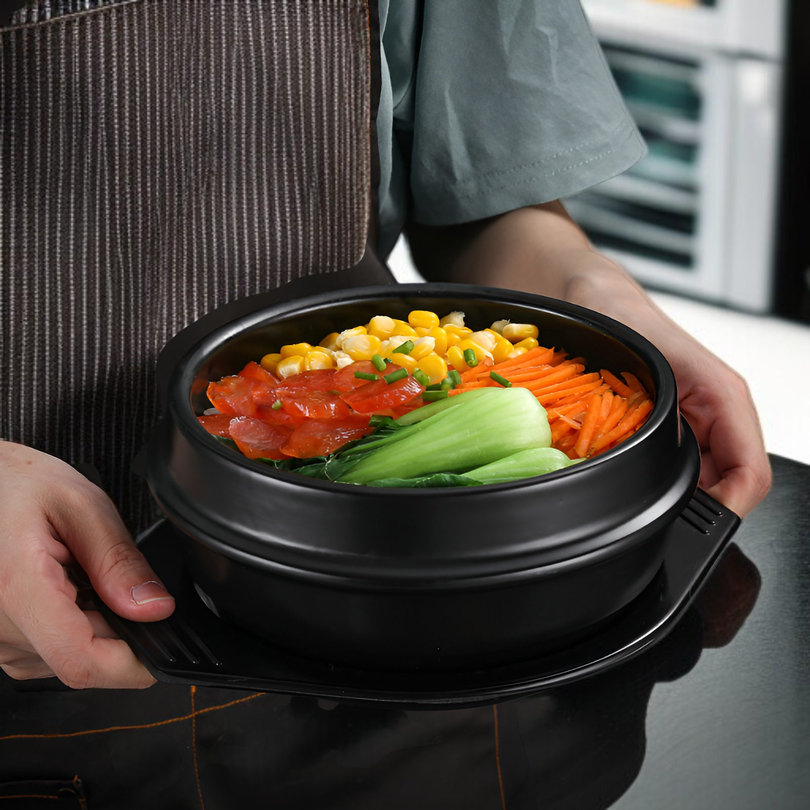 業務用/家庭用14.5/16/17.5CM韓国石鍋ビビンバ専用鍋/キャセロール、耐高温韓国石鍋（トレイ付き/なし）、1人または2〜3人向け。