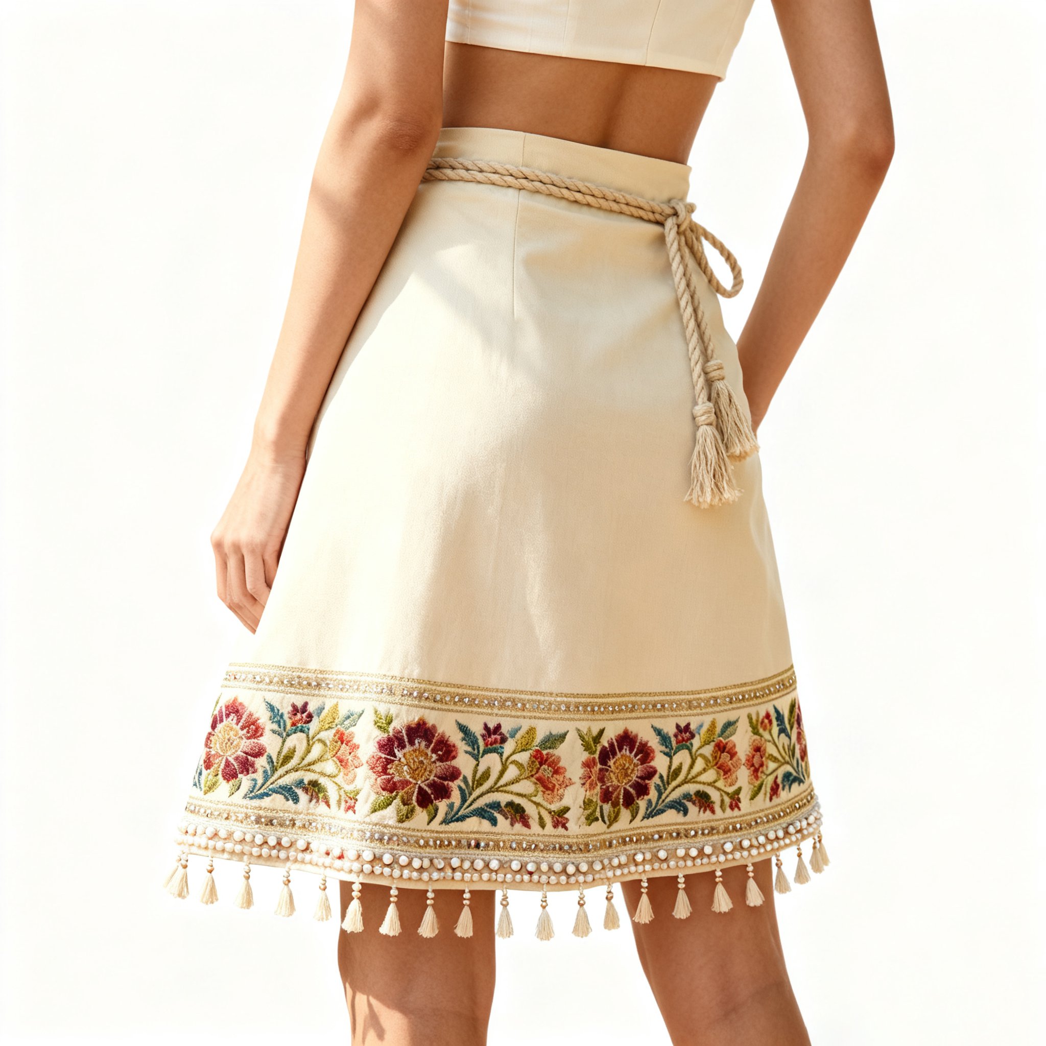 กระโปรงครึ่งตัวดีไซน์ปักลายละเอียดและประดับด้วยพู่