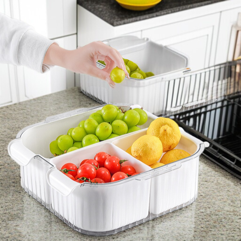 Home Kitchen Doppellagige Obst und Gemüsewaschschüssel Kompartimentierte Abtropfkorbplatte Gemüsekor