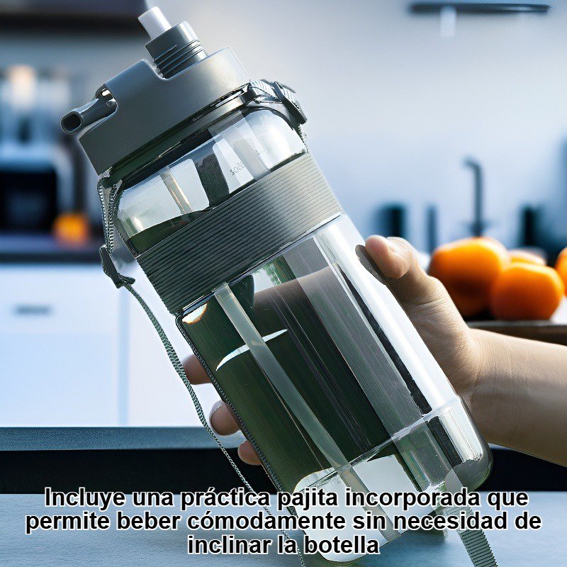 Botella de agua de plástico portátil de gran capacidad con pajita