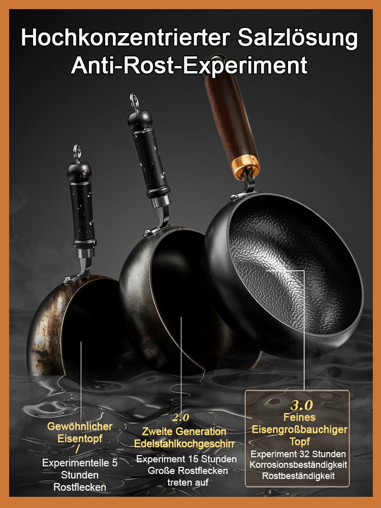 Gesunde, beschichtungsfreie handgeschmiedete Eisenpfanne mit 30.000 Hammerschlägen