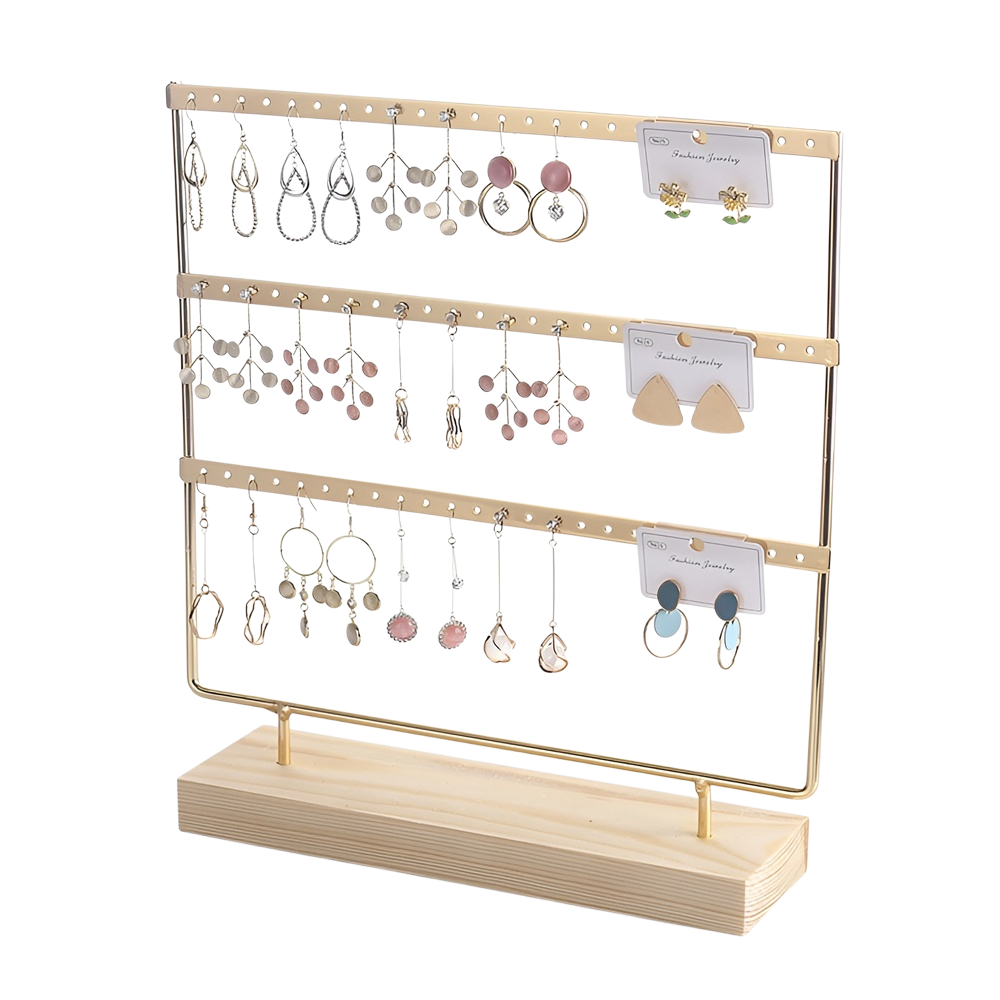 Home Earring Storage Rack, Solid Wood and Wrought Iron Jewelry Display Stand