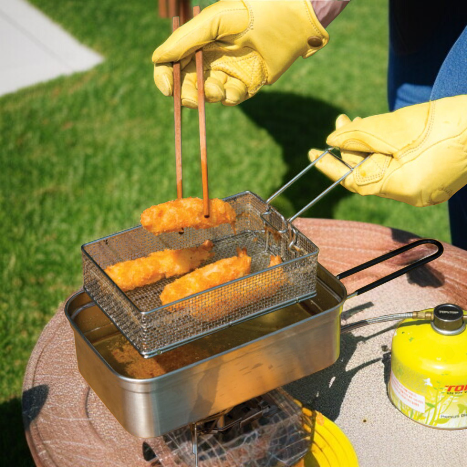 折りたたみ式ステンレス製揚げバスケットの全体イメージ