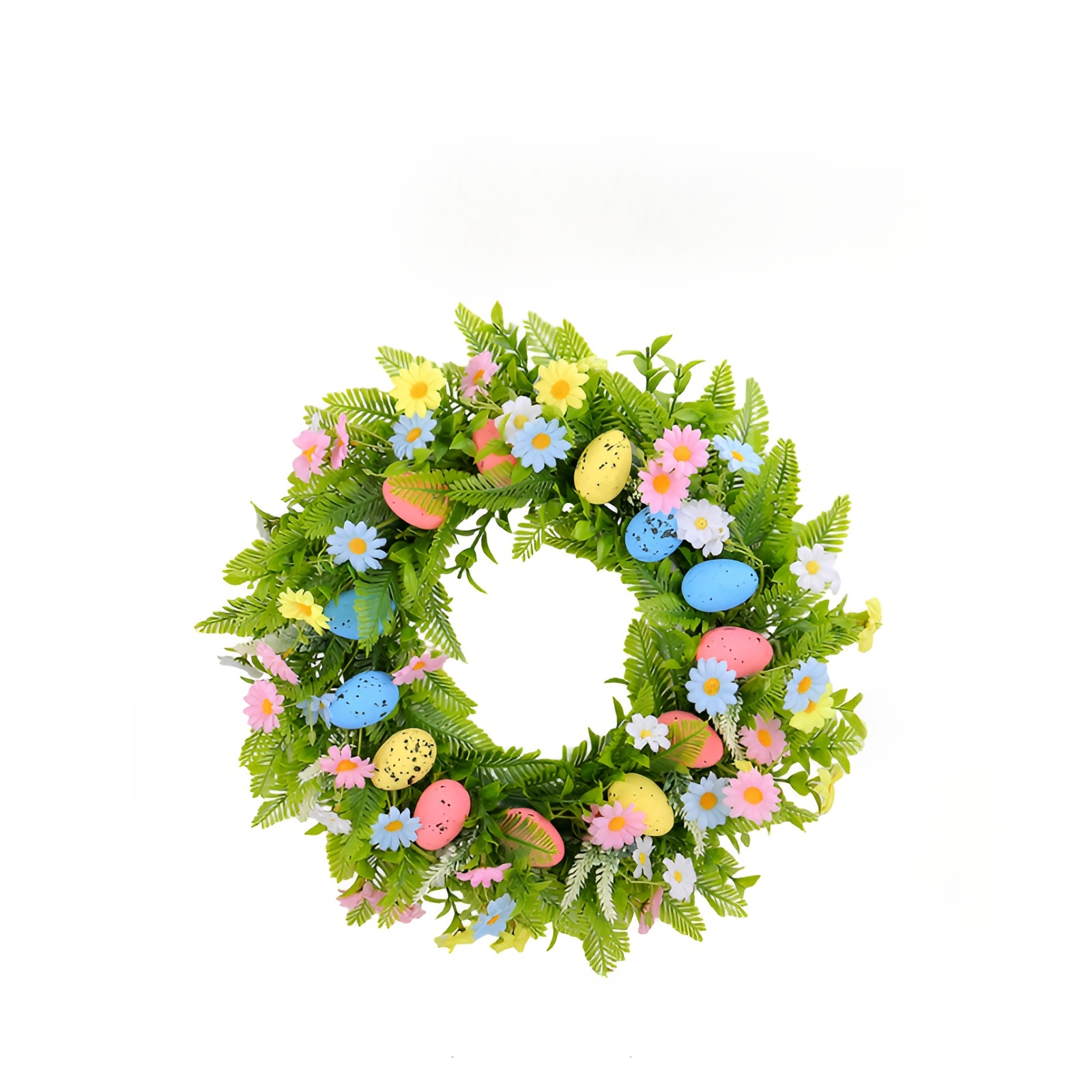 봄 테마의 이스터 리스 45cm, 달걀 장식과 베리, 유칼립투스 잎