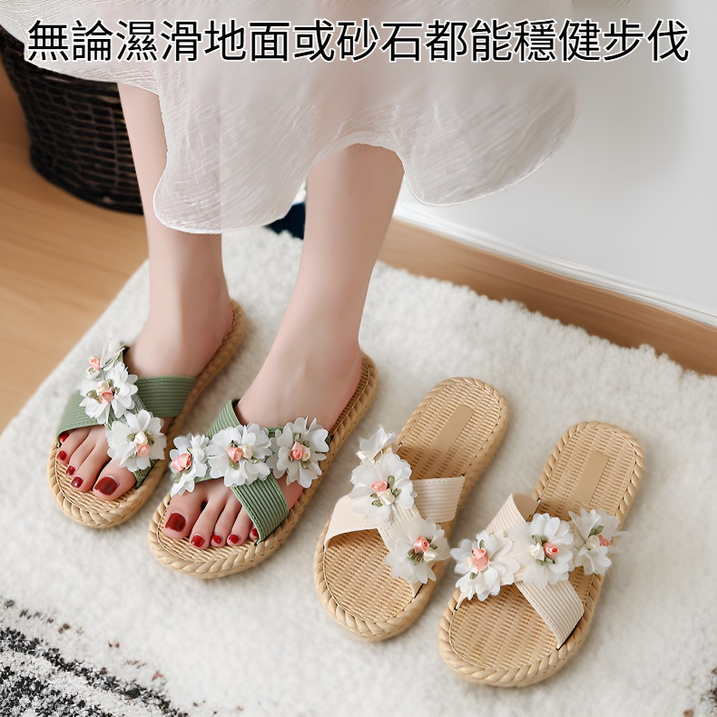 防滑耐磨女士花朵布藝平底沙灘涼鞋