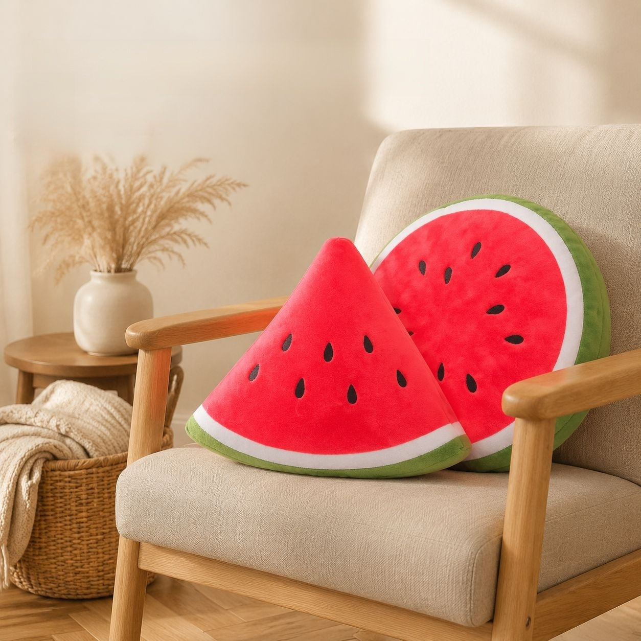 Close-up of the soft fabric on a watermelon plush pillow