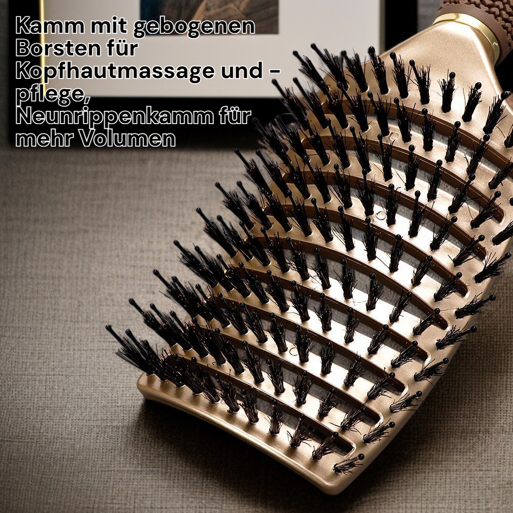Lockenstyling-Bürste aus Wildschweinborsten, ergonomische Kopfmassagebürste, 9-reihiger Volumenkamm