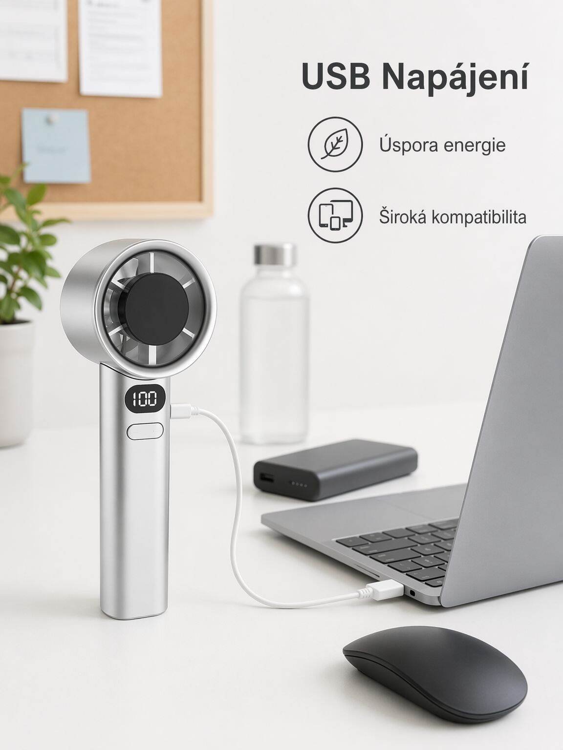 Přenosný USB ventilátor, vhodný do kanceláře i domácnosti, s nastavitelnými rychlostmi
