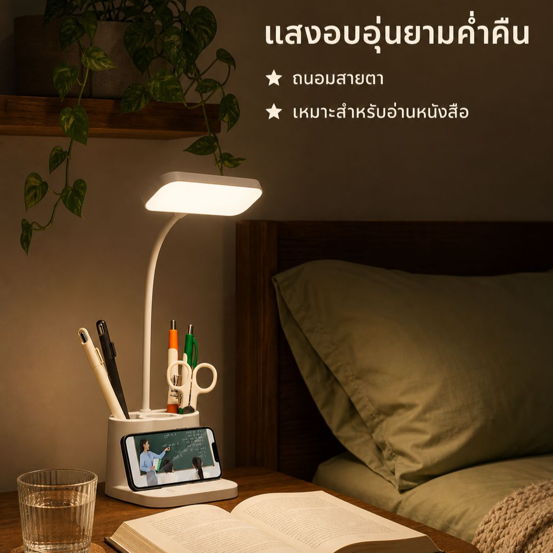 โคมไฟ LED ตั้งโต๊ะสำหรับนักเรียน มัลติฟังก์ชั่น พร้อมที่ใส่ปากกา ชาร์จไฟได้ ถนอมสายตา ใช้ในหอพัก