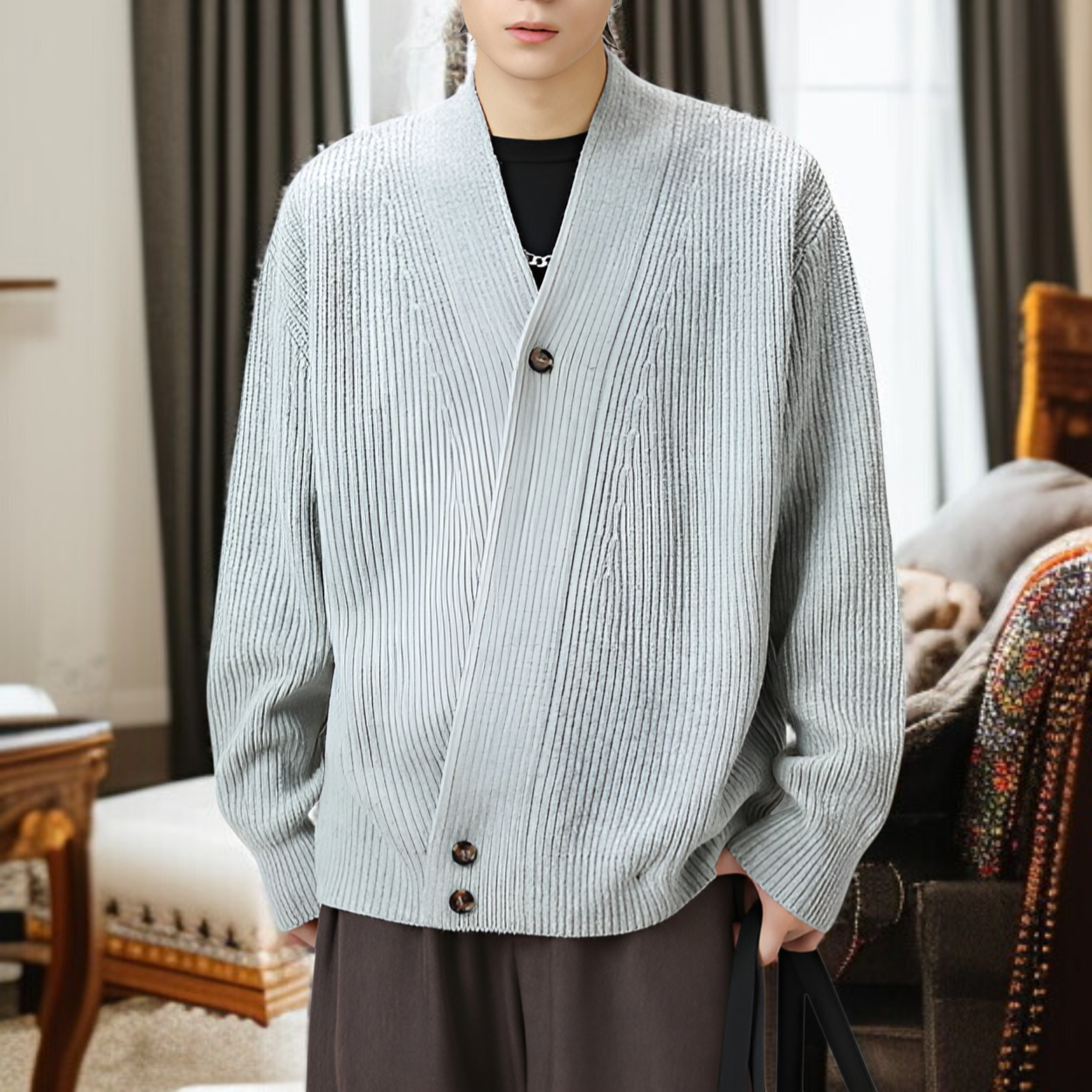 和風レトロ高級厚手斜め前立てニットウェア