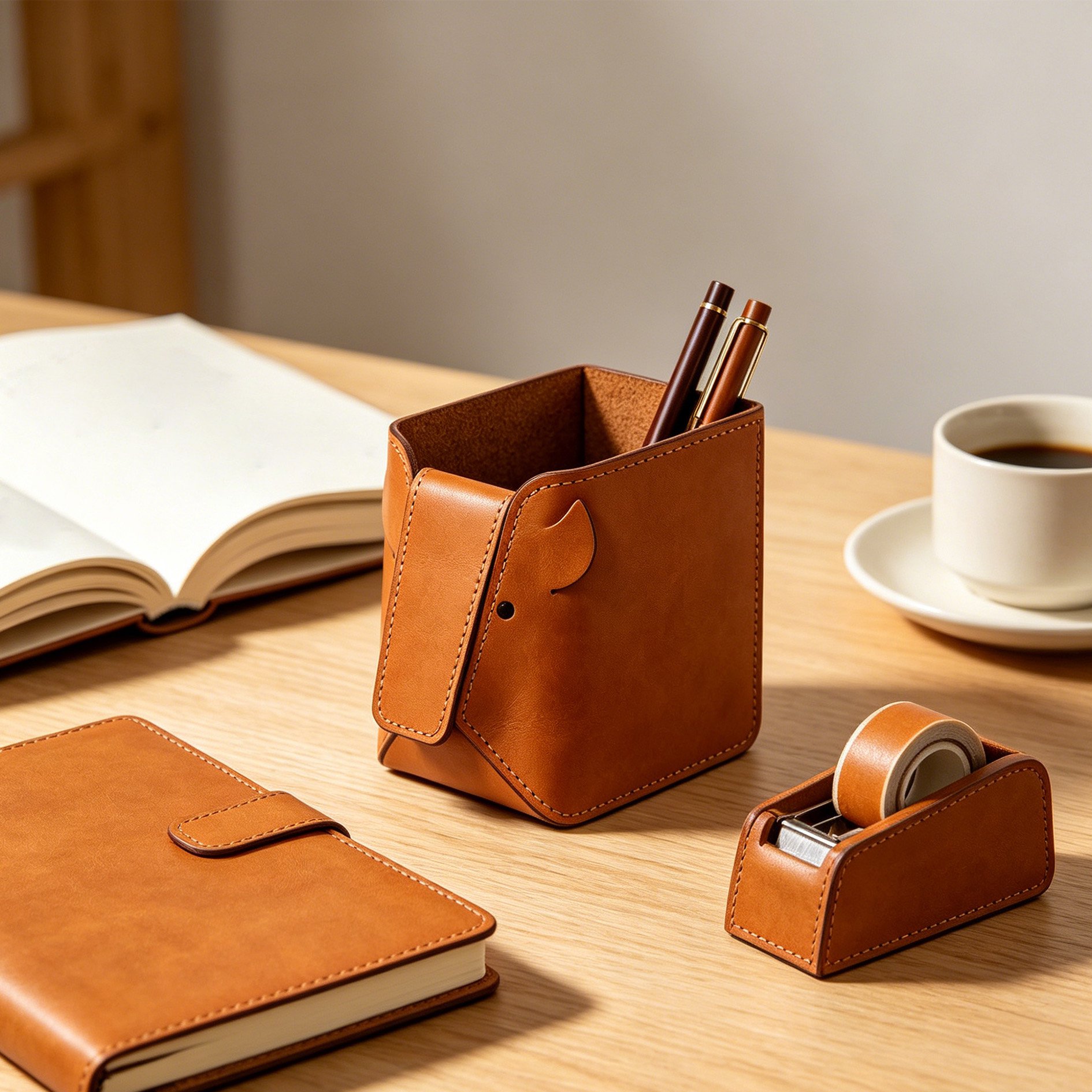 Schlichter Stiftehalter aus Leder in braunem Design