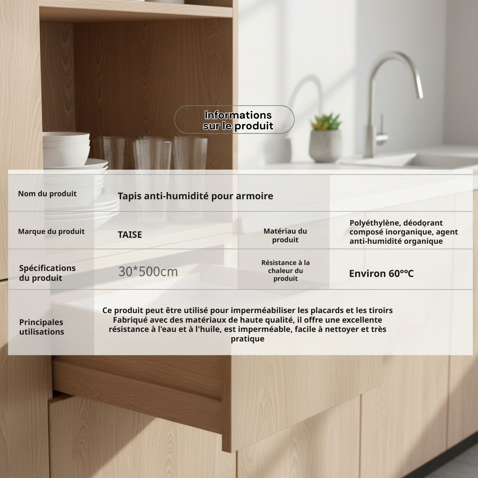 Tapis de tiroir imperméable et épais pour armoire de cuisine, anti-huile et anti-moisissure