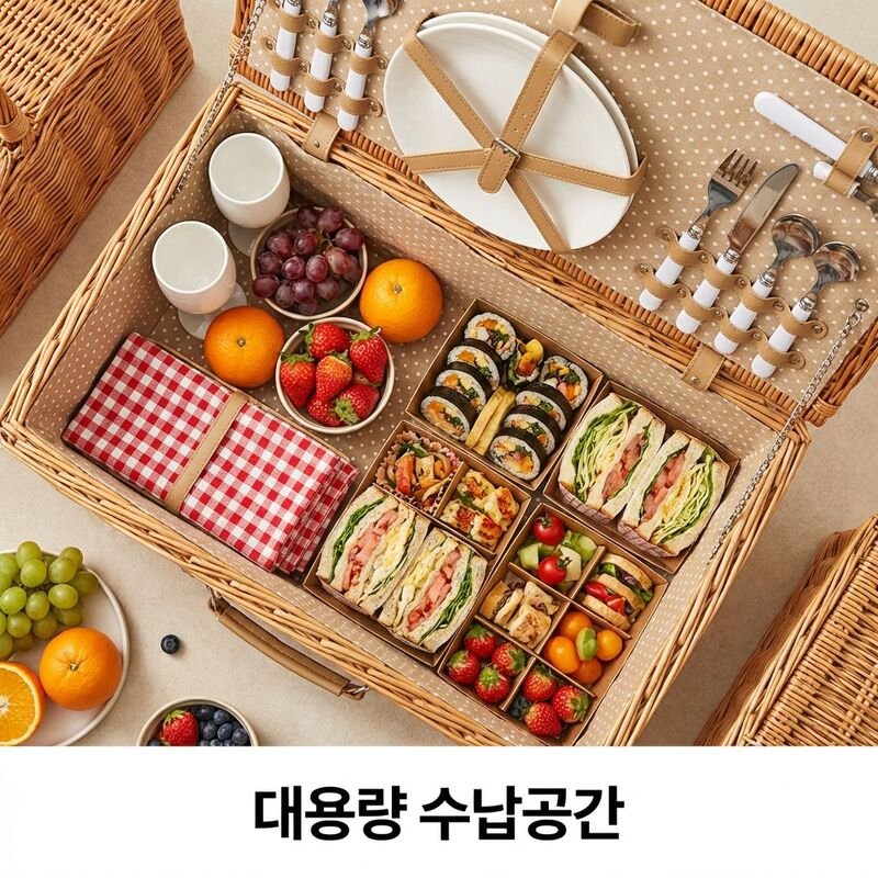야외 소풍 라탄 바구니 휴대용 수납