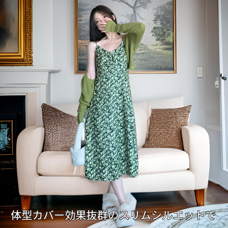 スリム見え隠し花柄ワンピース