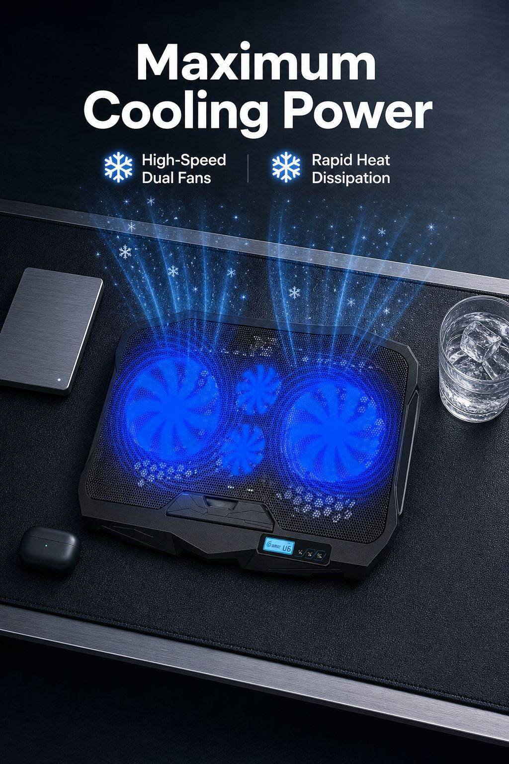 Laptop Cooler with Touch LCD Screen, Efficient Heat Dissipation, Frosted Nonslip, Adjustable Speed
