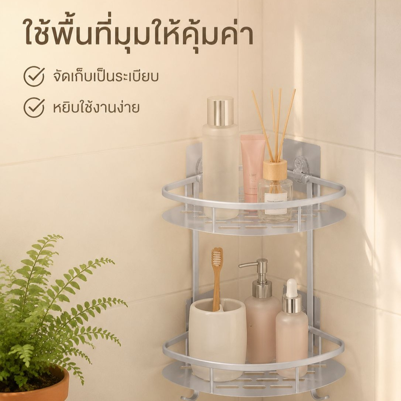 ชั้นวางของมุมห้องน้ำแบบไม่ต้องเจาะ 2 ชั้น 