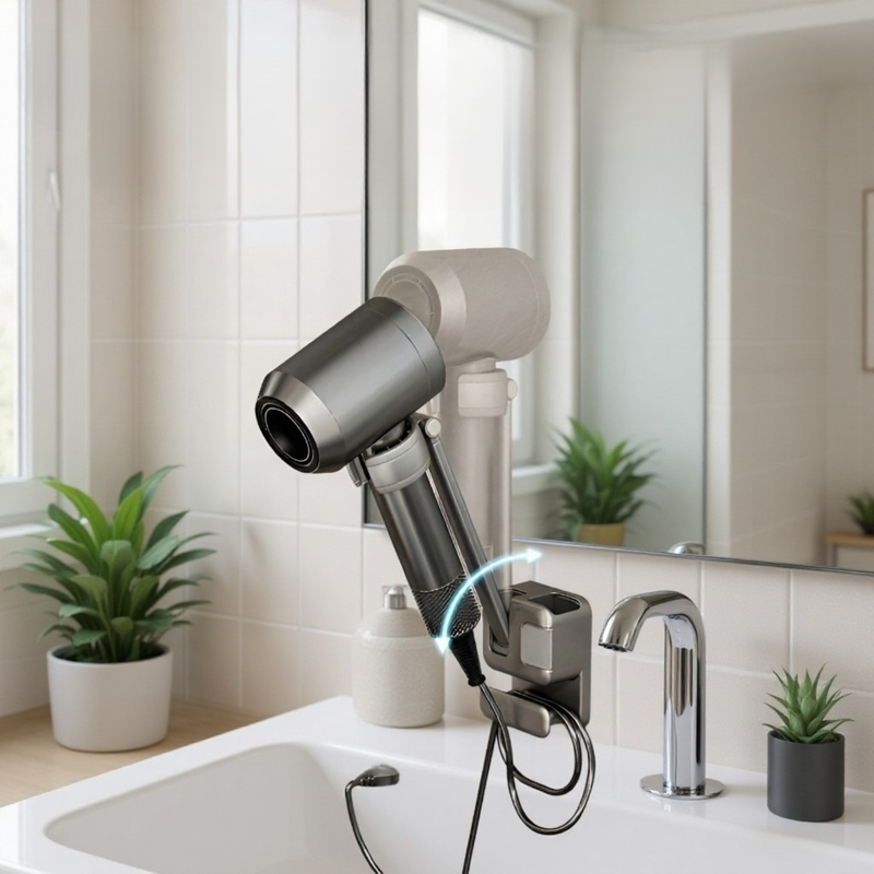 穴あけ不要バスルーム用ヘアドライヤースタンド ハンズフリー収納ラック