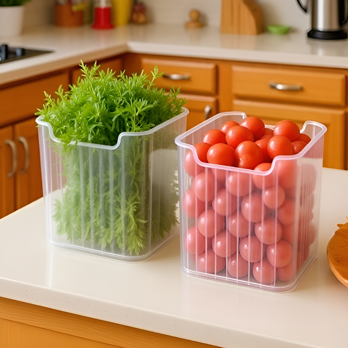 Space-saving storage box placed on refrigerator door shelf