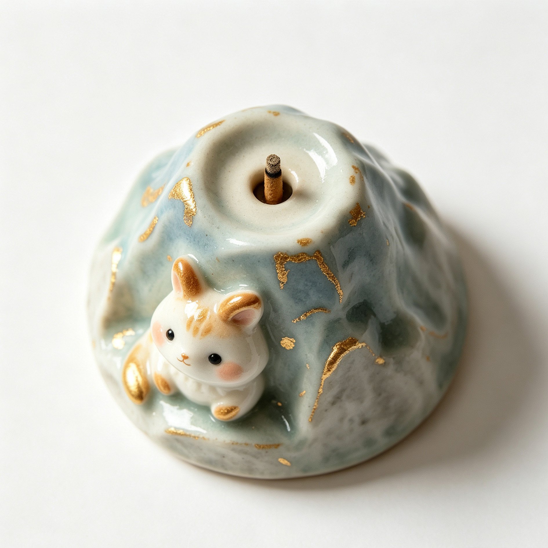 Ceramic mountain and rabbit incense burner side view