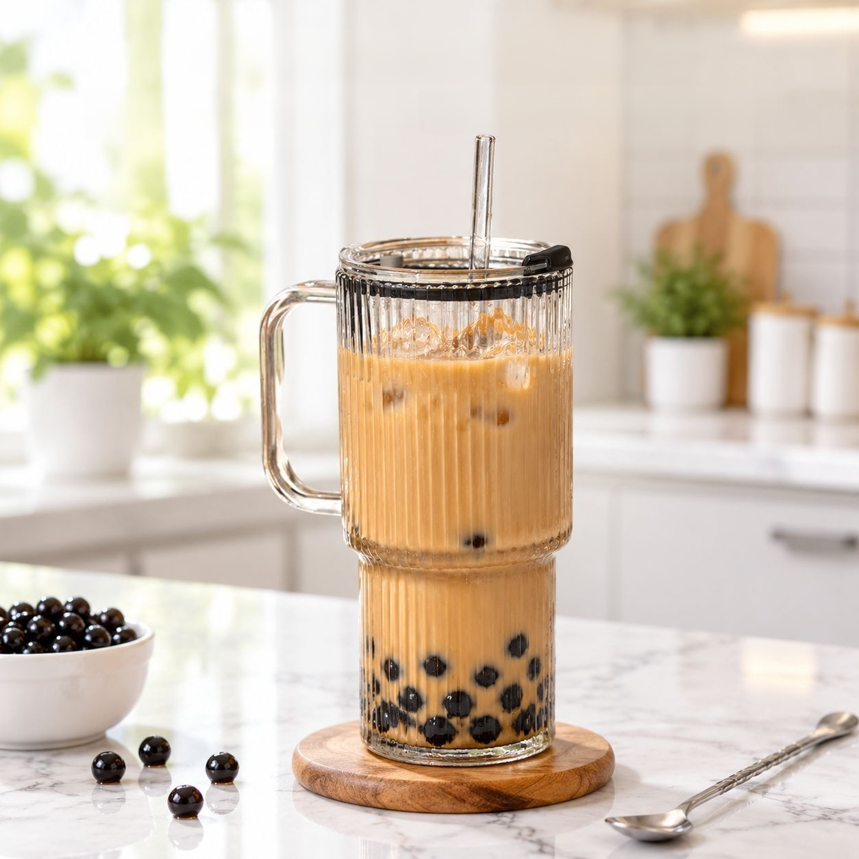 Portable Large Glass Cup with Straw and Handle
