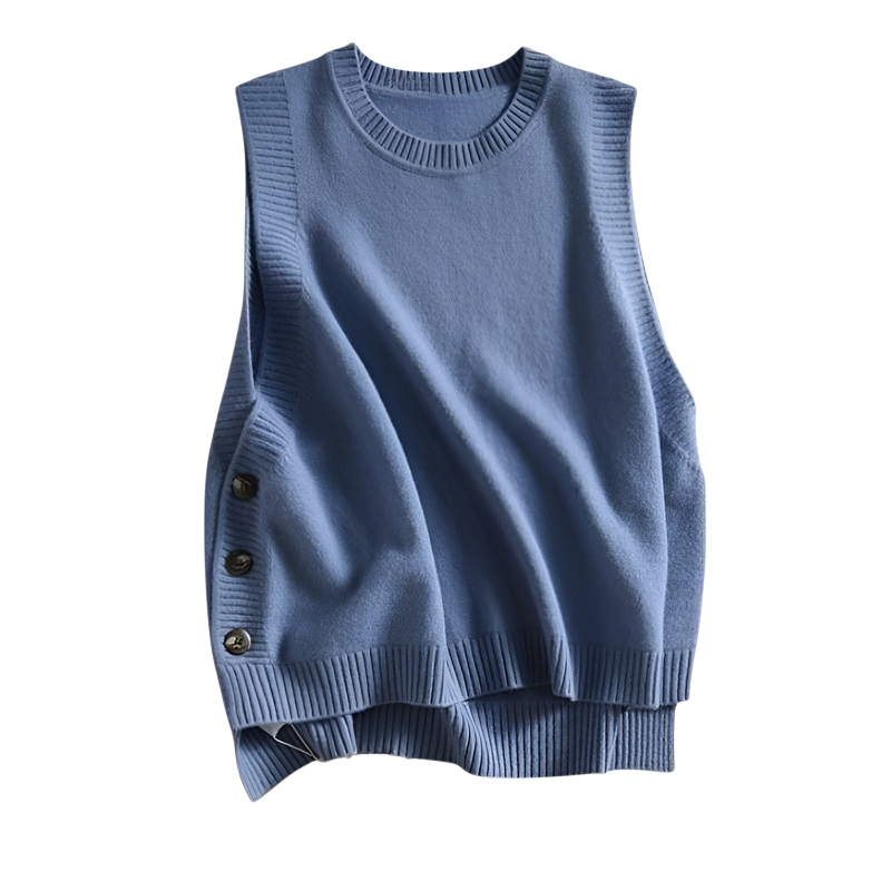 春/秋の新作ミスティブルーニットベスト、エレガントで若々しい、ラウンドネック、アーティスティックスタイル、カジュアルなレディース服。