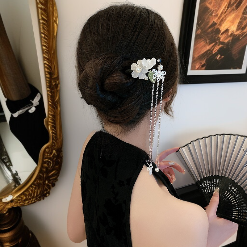 古風かんざし 流蘇付き木製簪 女性用 黒檀風 ヘアアクセサリー 漢服用髪飾り