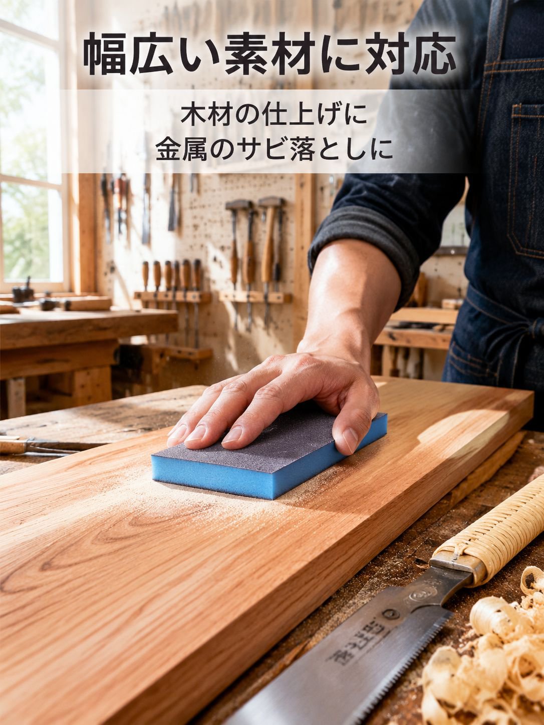 木工家具の研磨、下塗り研磨、金属壁面の高密度錆除去、目地シーリング、スポンジサンドペーパー、厚手の研磨ブロック。
