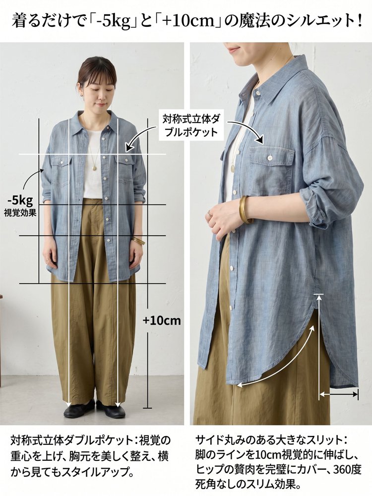 レディースデニム風シフォンシャツ 薄手シャツ