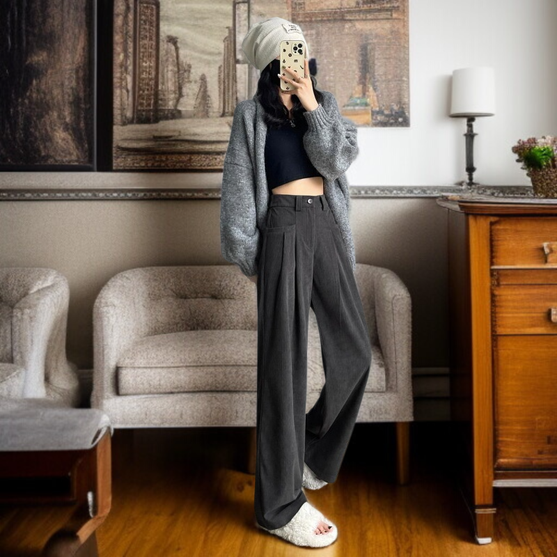 ワイドパンツ レディース 厚手 コーデュロイ ドラッグパンツ ハイウエスト ストレート ラッド カジュアルパンツ ブラウン ワイドパンツ レディース シェニール織 パッド付き カジュアルパンツ