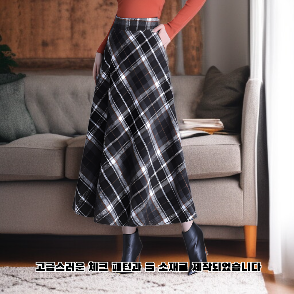 울 체크무늬 미디 스커트