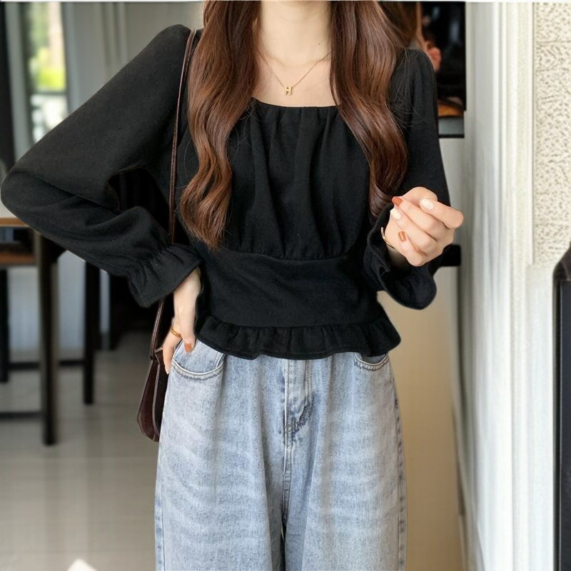 여성 패션 쇼트 쇄골 긴팔 셔츠 스퀘어넥 기질 여성 셔츠