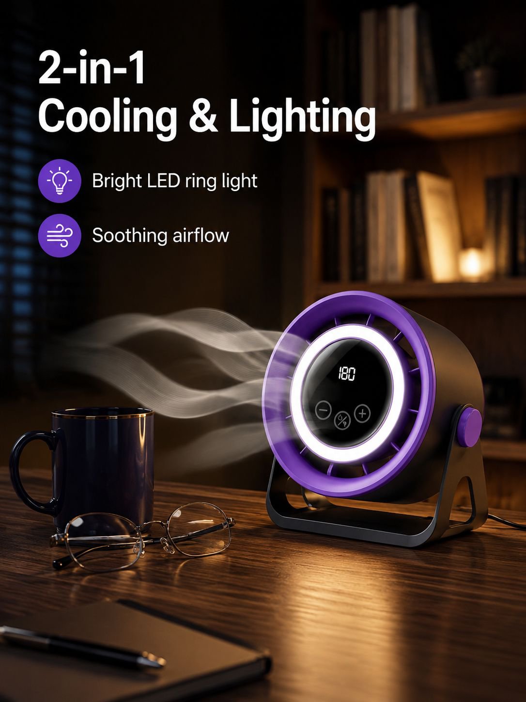 Desktop Fan with Light, Digital Display, Powerful Quiet Circulator