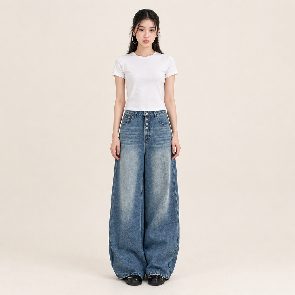 봄가을 무허리 디자인 A라인 루즈핏 와이드 데님 팬츠 여성용