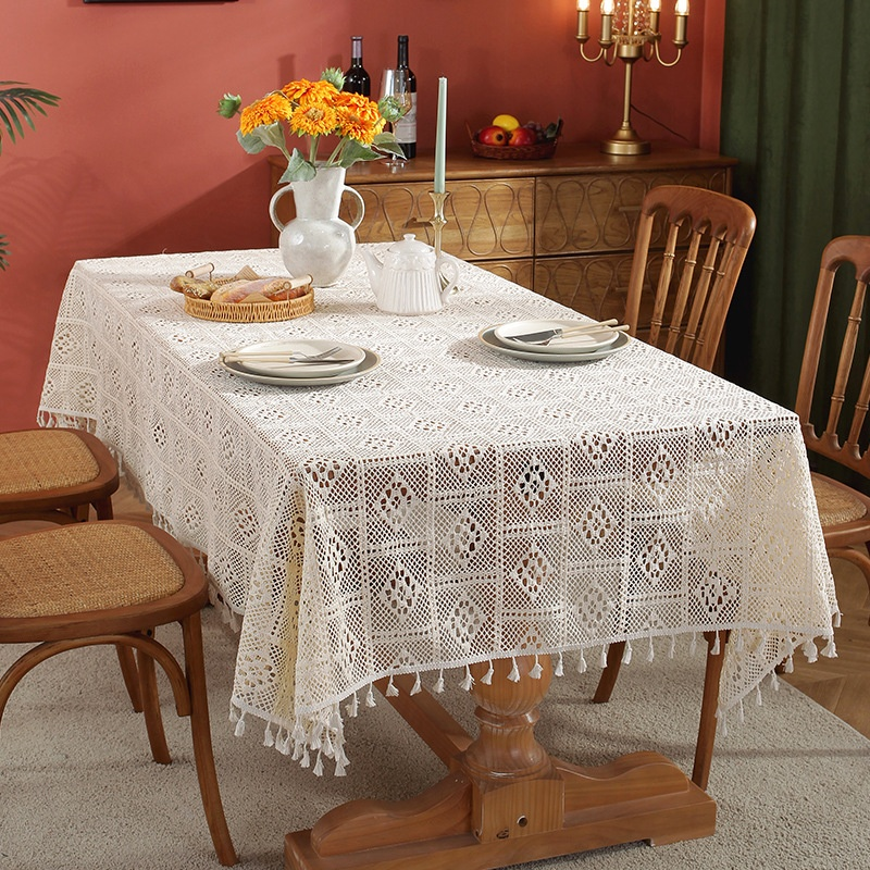 Chinese Hollow Lace Dining Tablecloth Rectangular & Round Tea Table Cover for Photo Shoot