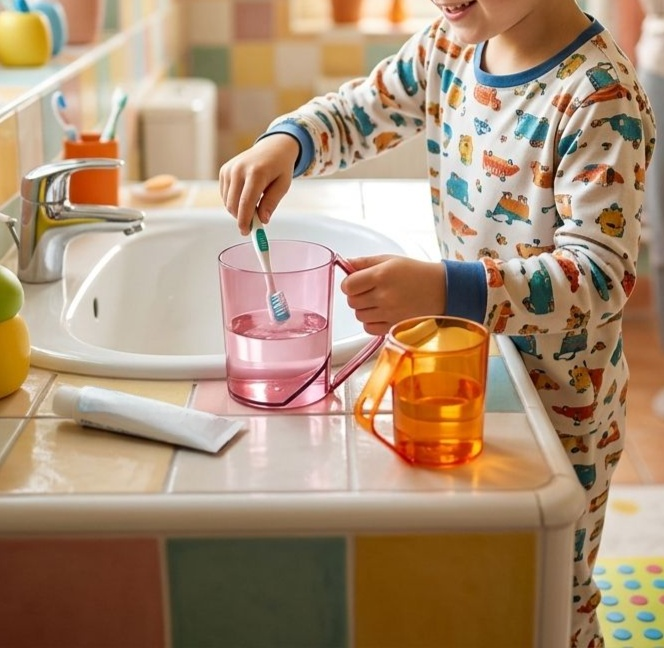 Umgedrehter Zahnbürsten- und Mundwasserbecher für den Heimgebrauch