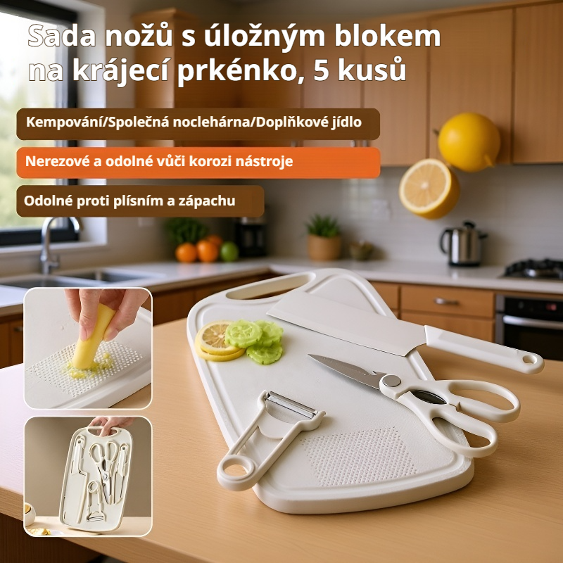 Sada 5dílných kuchyňských nožů s držákem a prkénkem