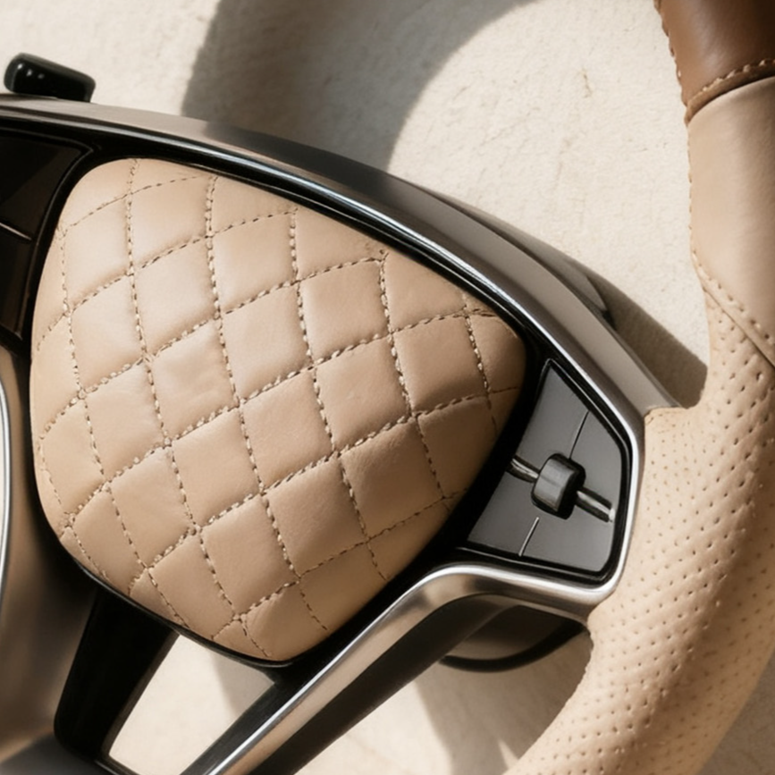 車のハンドルに装着された本革ステアリングカバー