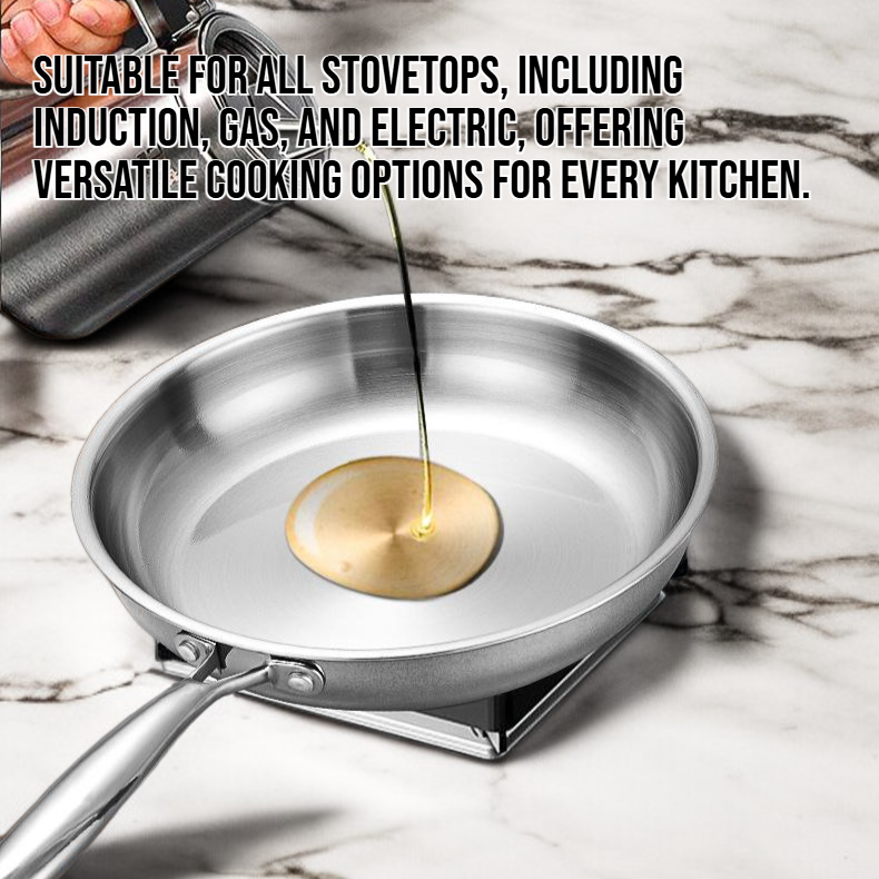 Close-up of uncoated stainless steel frying pan surface