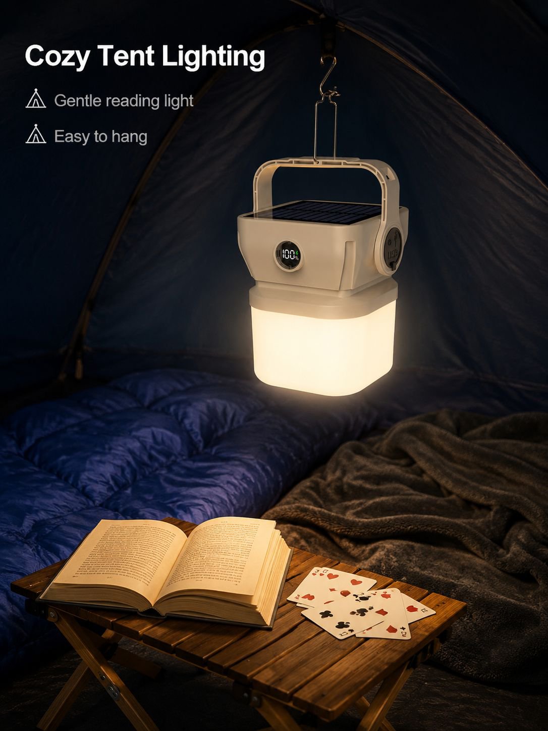 Rechargeable solar LED lantern for camping trips