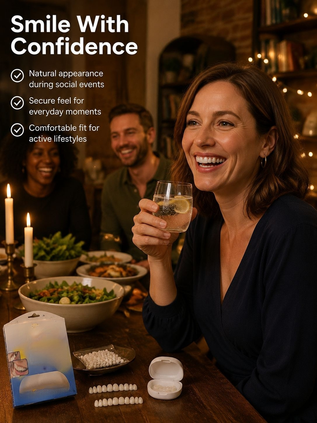 Comfortable fit simulated dentures in mouth