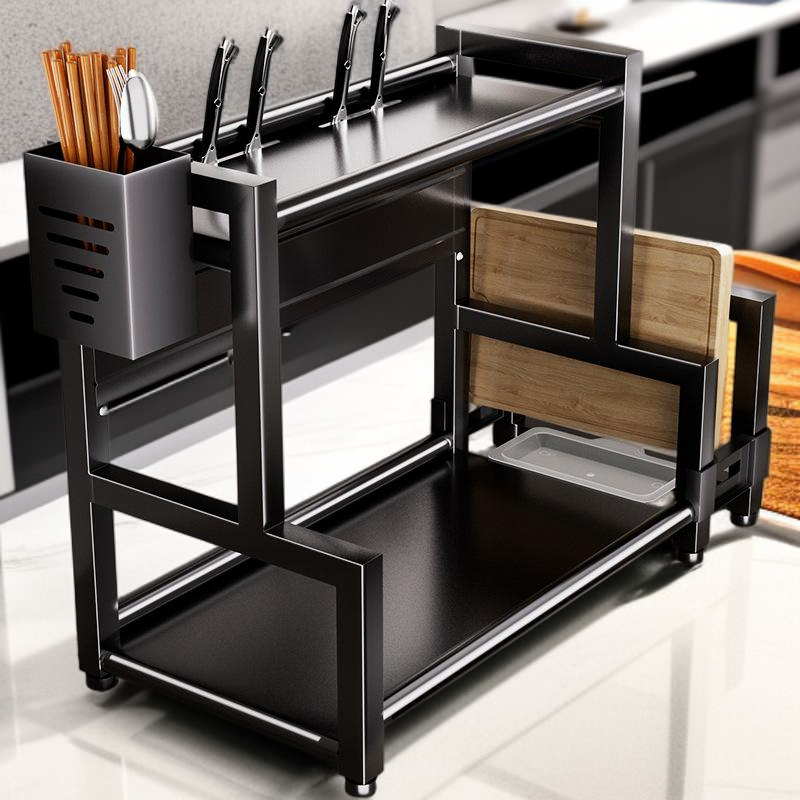  多機能キッチン収納ラック ステンレス製 調味料収納用 ブラック