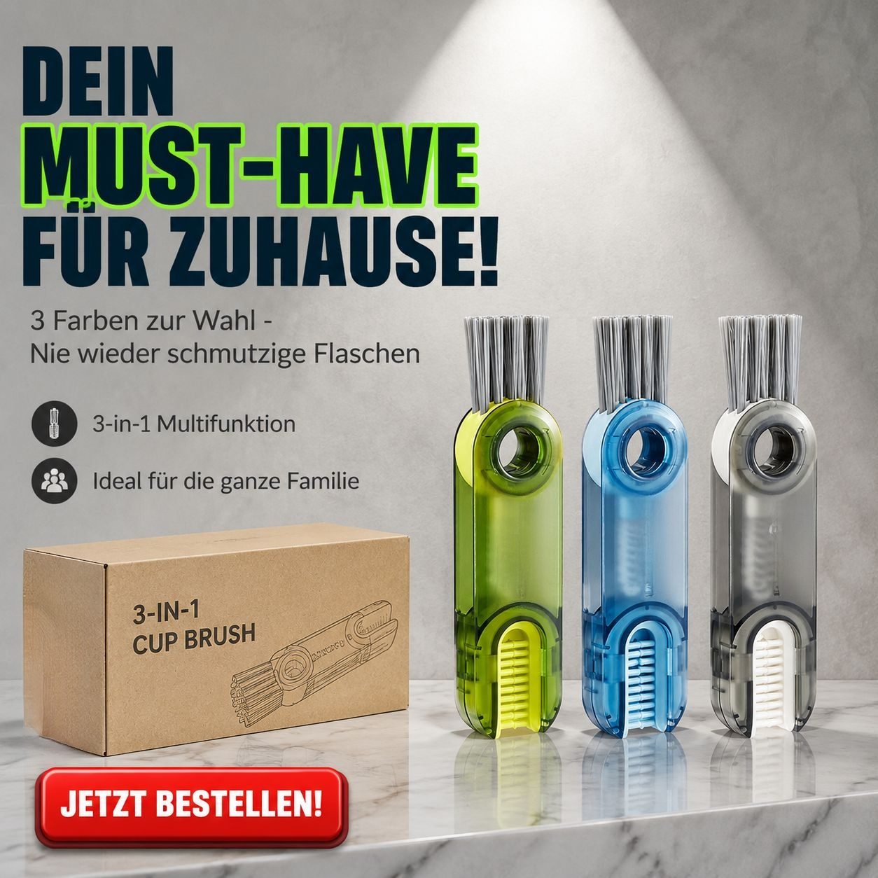 3-in-1 Multifunktionsbürsten-Set (Deckelbürste/Flaschenbürste/Strohhalmbürste)