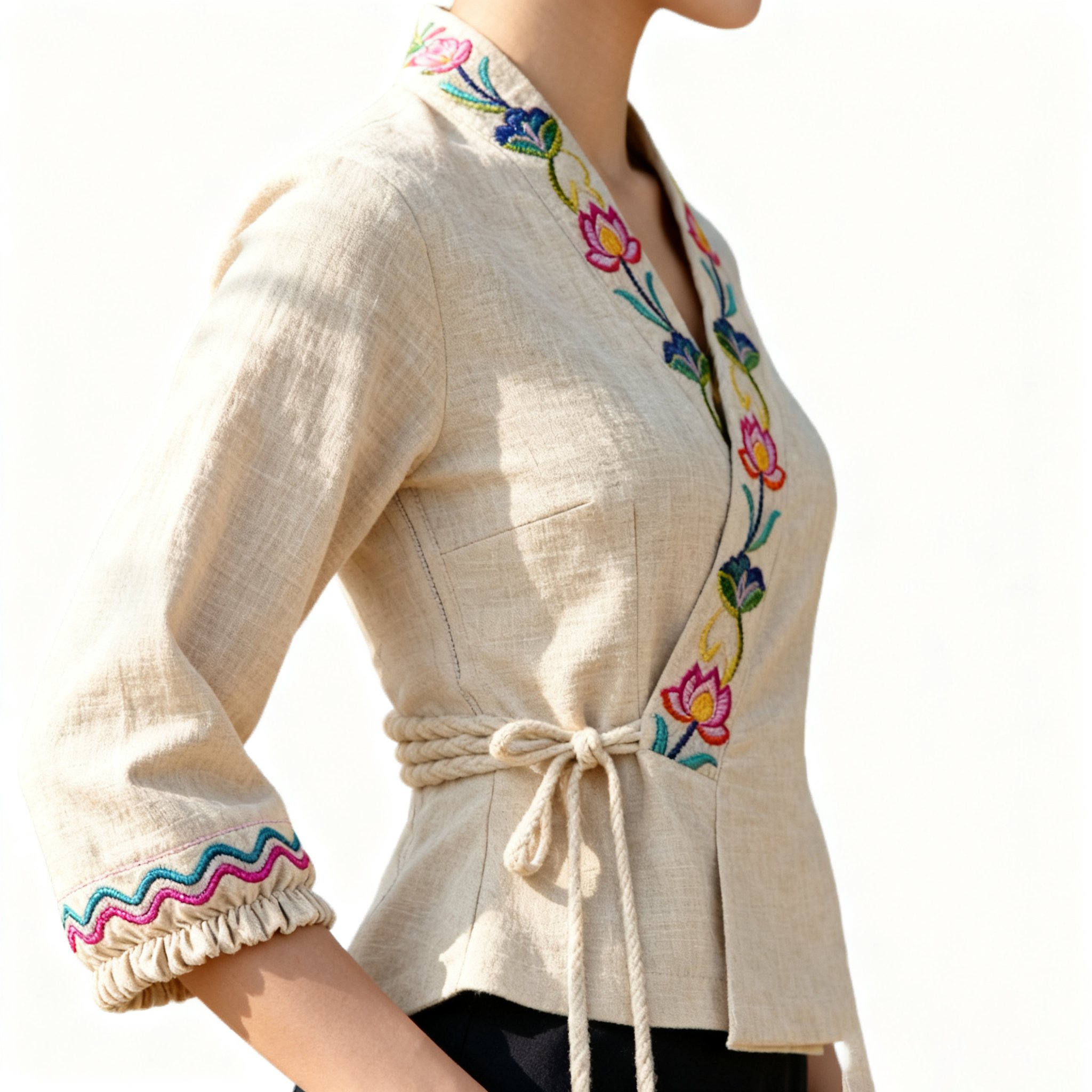 เสื้อผ้าผู้หญิงปักลายดอกบัวแขนสามส่วน ดีไซน์สวย